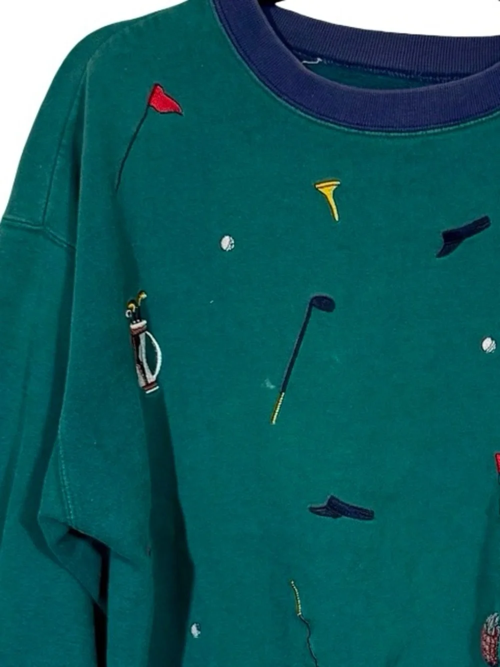 Vintage 80s All Over Embroidered Golf Oversized Sweatshirt Forest Green - Picture 5 of 6